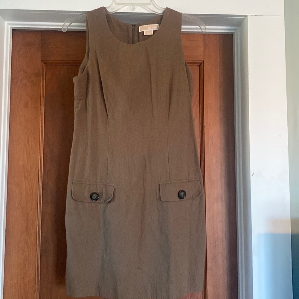 Vintage MichaelKors olive sheath dress with tortoiseshell buttons and pockets